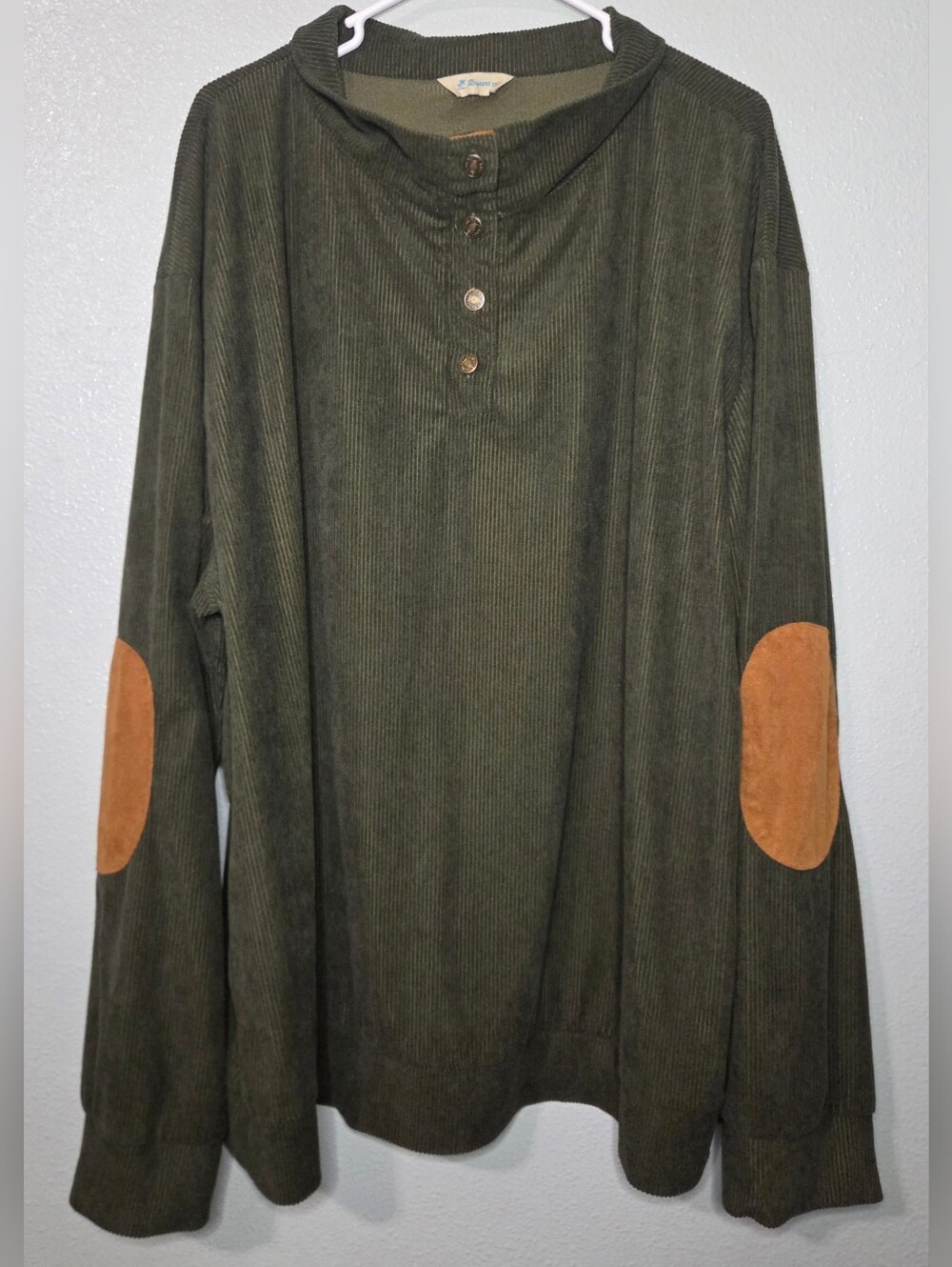 Rayaura Shirt Mens 3XL Corduroy Sweatshirt Stand Collar Pullover Elbow Patches - Picture 2 of 11